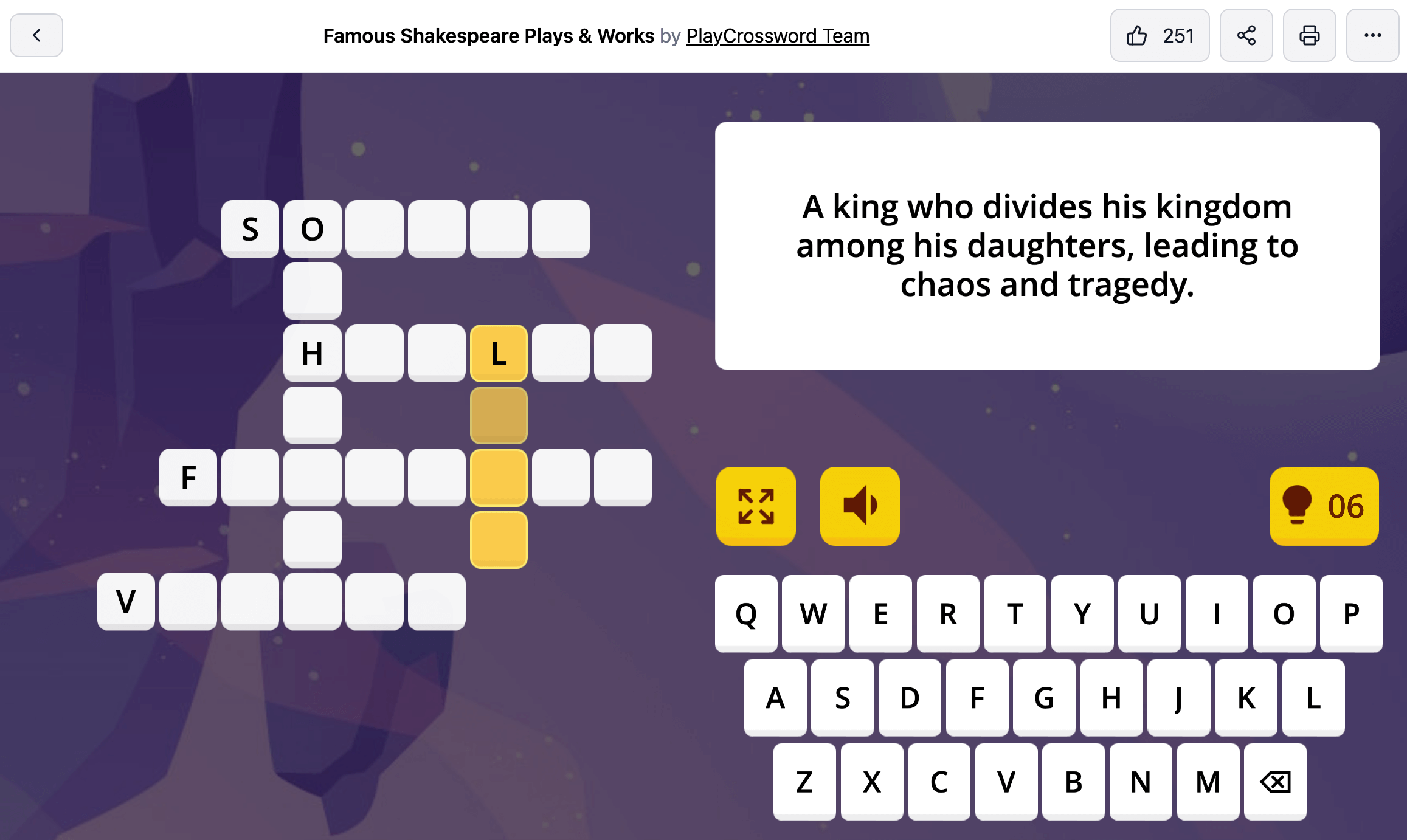 Screenshot of PlayCrossword's AI generated game