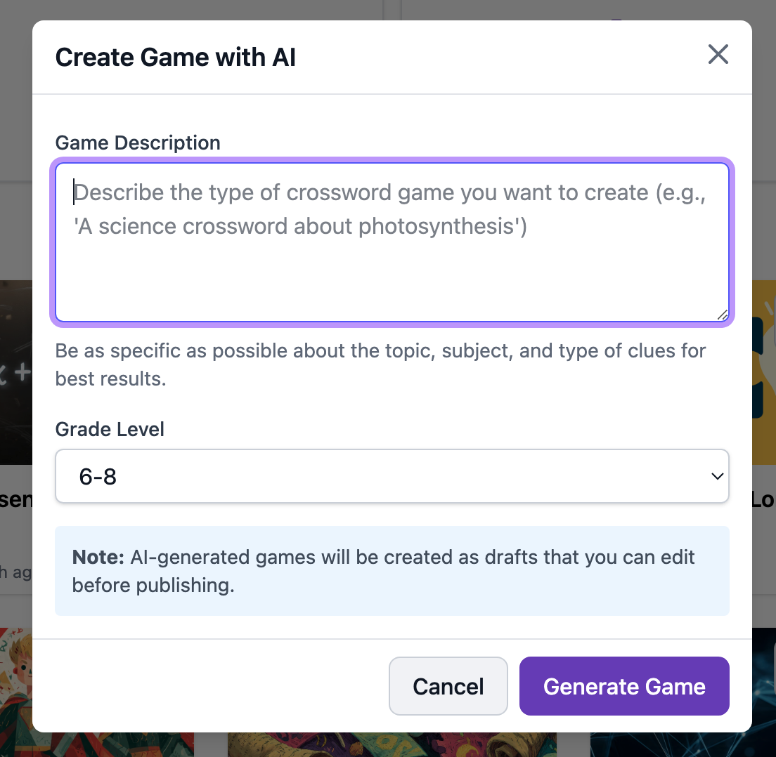 Screenshot of PlayCrossword's AI crossword maker generating a custom puzzle grid with clues Puzzles