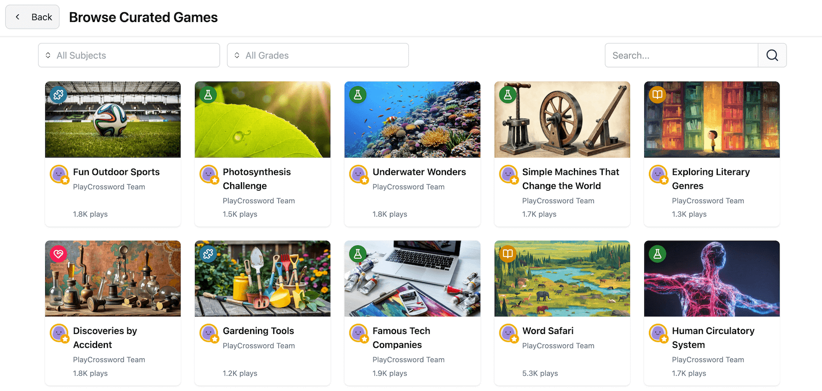 Curated games browser showing subject and grade filters with search functionality